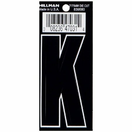 HILLMAN Letter, Character: K, 3 in H Character, Black Character, Vinyl 839580